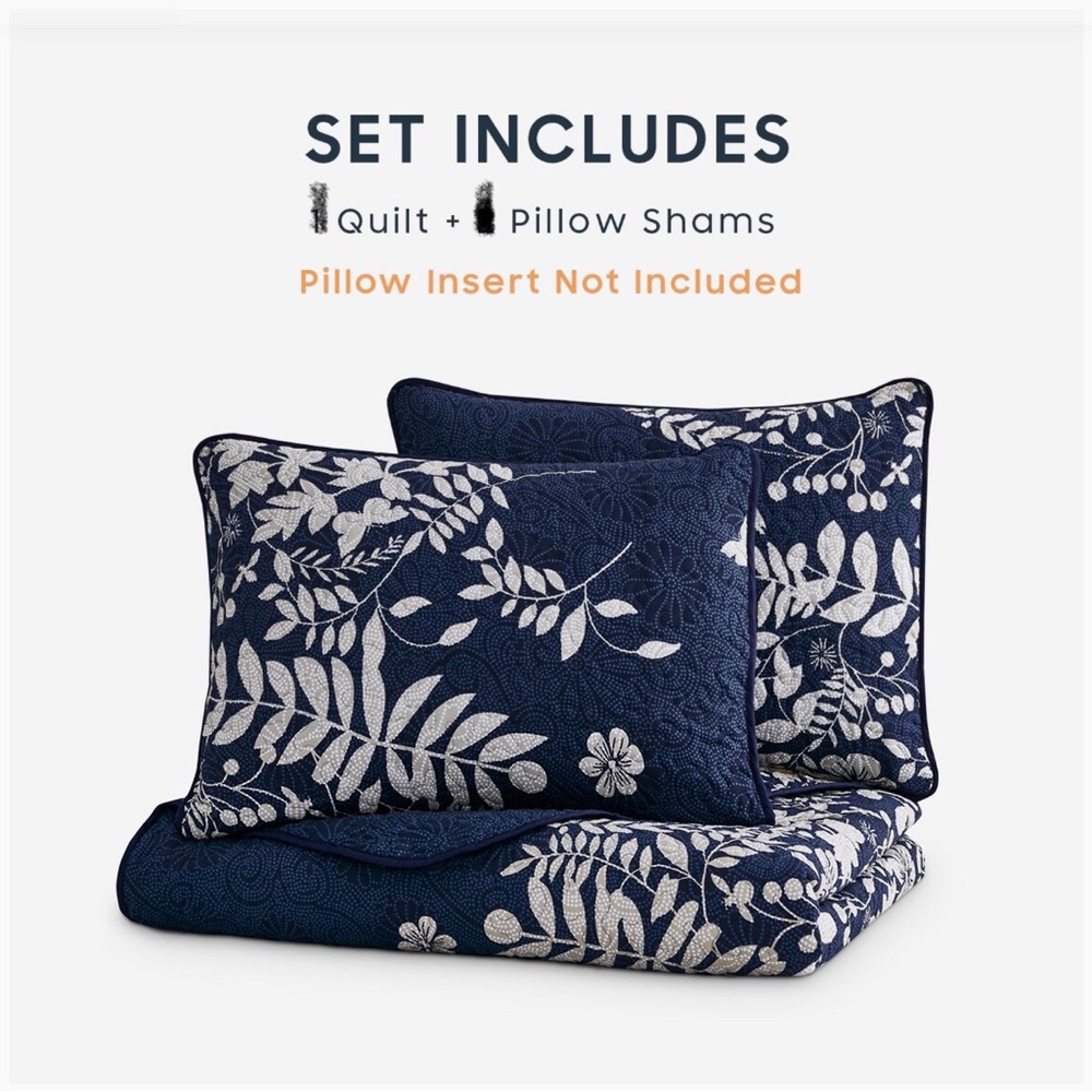 Navy Blue & Gray Floral Quilt Set size Twin/Twin XL 1 quilt 1 pillow sham